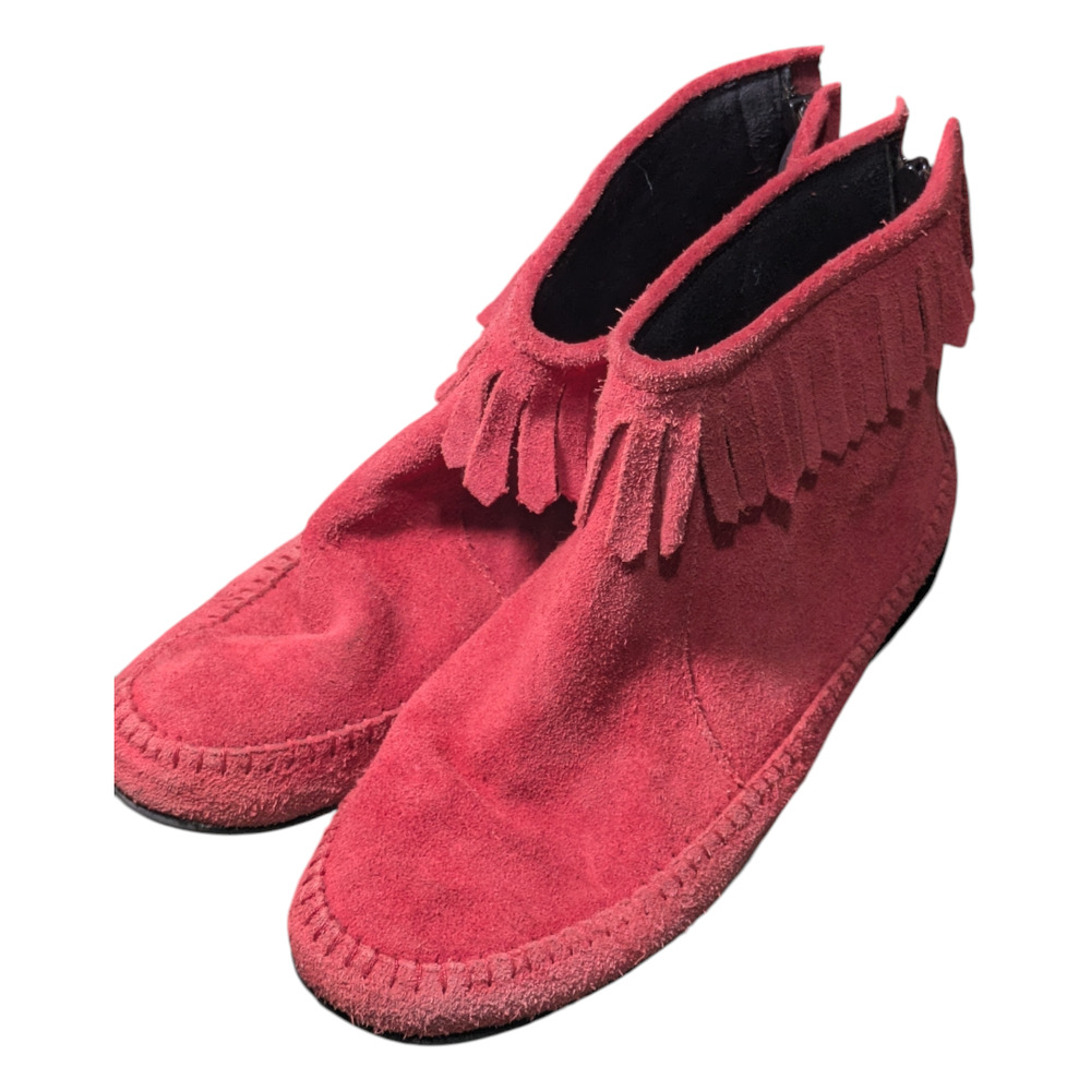 Comfort Ease - Red Genuine Leather Fringe Moccasin Suede Booties Size 8M Western